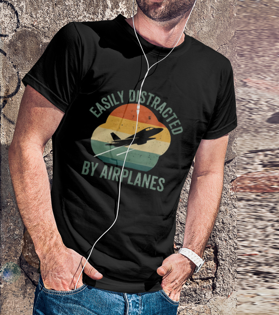 Easily Distracted By Airplanes Retro Jet Vintage Stripes T-Shirt