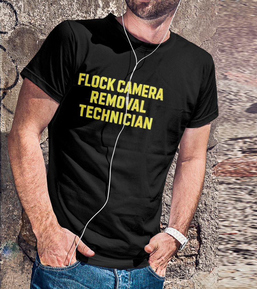 Flock Camera Removal Technician Yellow Varsity Block T-Shirt