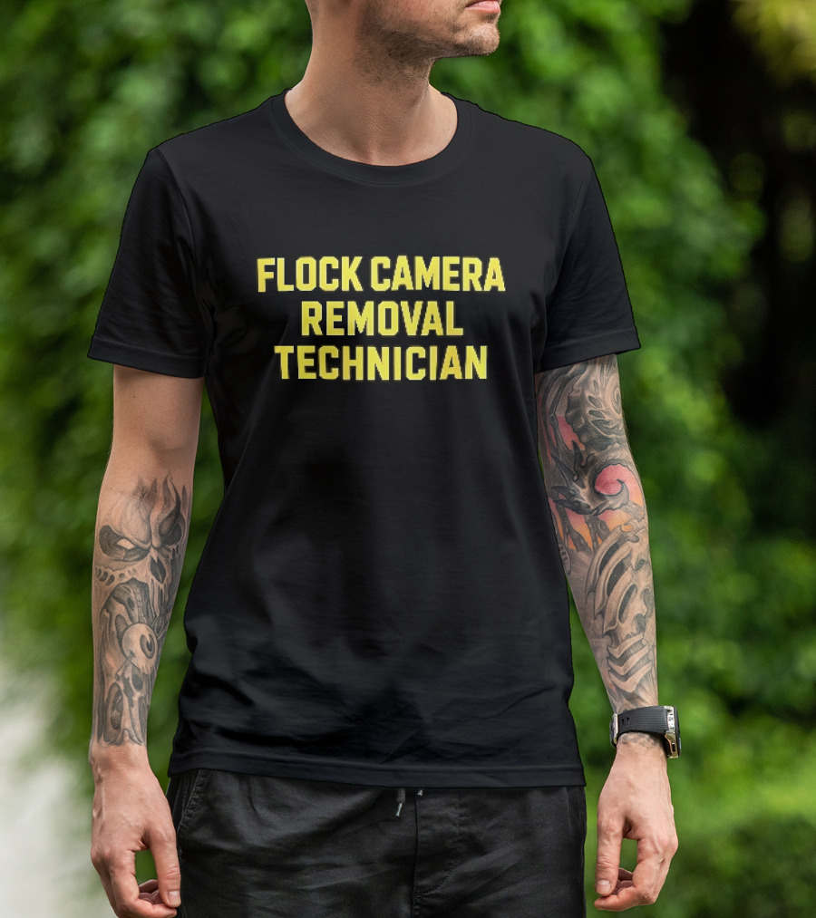 Flock Camera Removal Technician Yellow Varsity Block T-Shirt