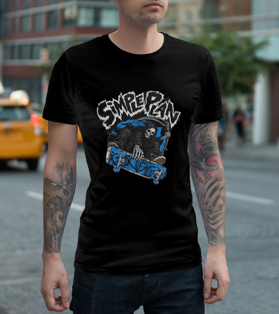 Simple Plan Grim Reaper Skateboarding Scythe Deck Distressed T-Shirt