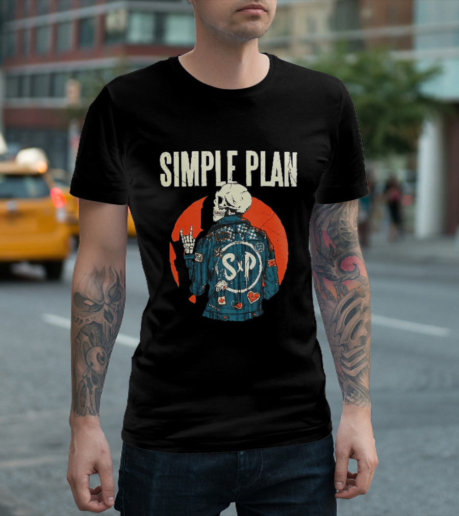 Simple Plan Just A Kid 1999 Skeleton Rock Sign SP Denim Jacket Distressed T-Shirt