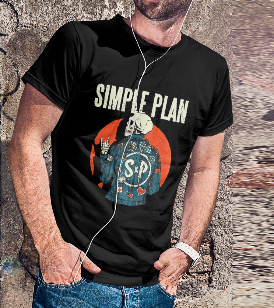 Simple Plan Just A Kid 1999 Skeleton Rock Sign SP Denim Jacket Distressed T-Shirt