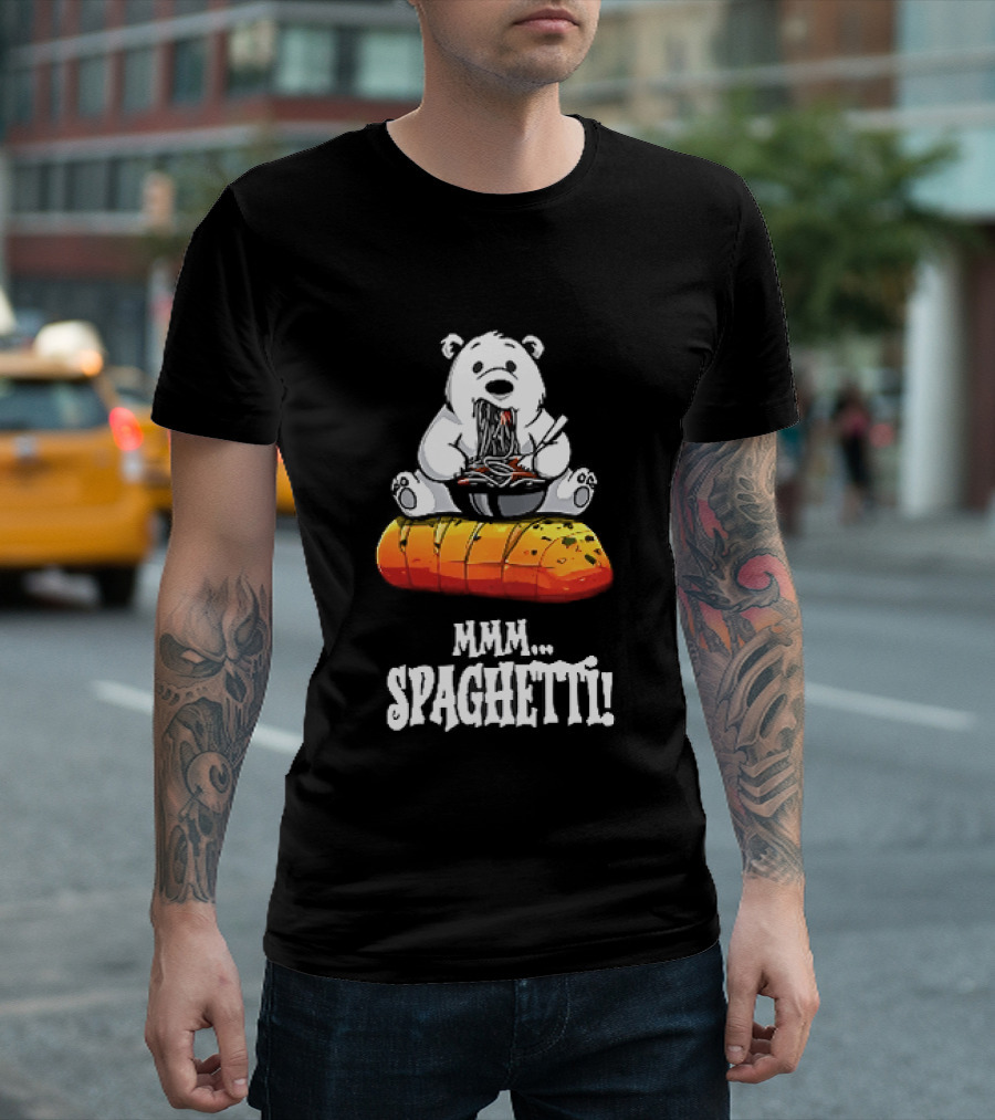 Mmm Spaghetti Cartoon Polar Bear Enjoying Pasta On Garlic Bread T-Shirt