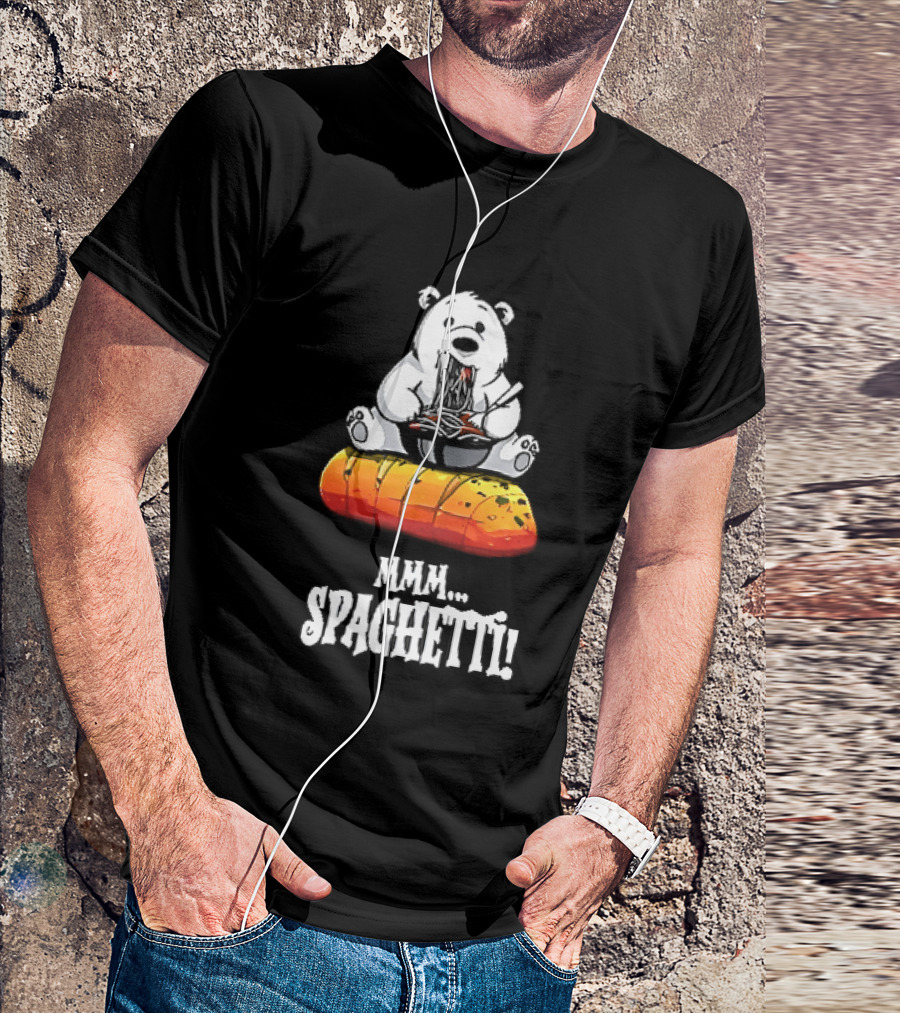 Mmm Spaghetti Cartoon Polar Bear Enjoying Pasta On Garlic Bread T-Shirt