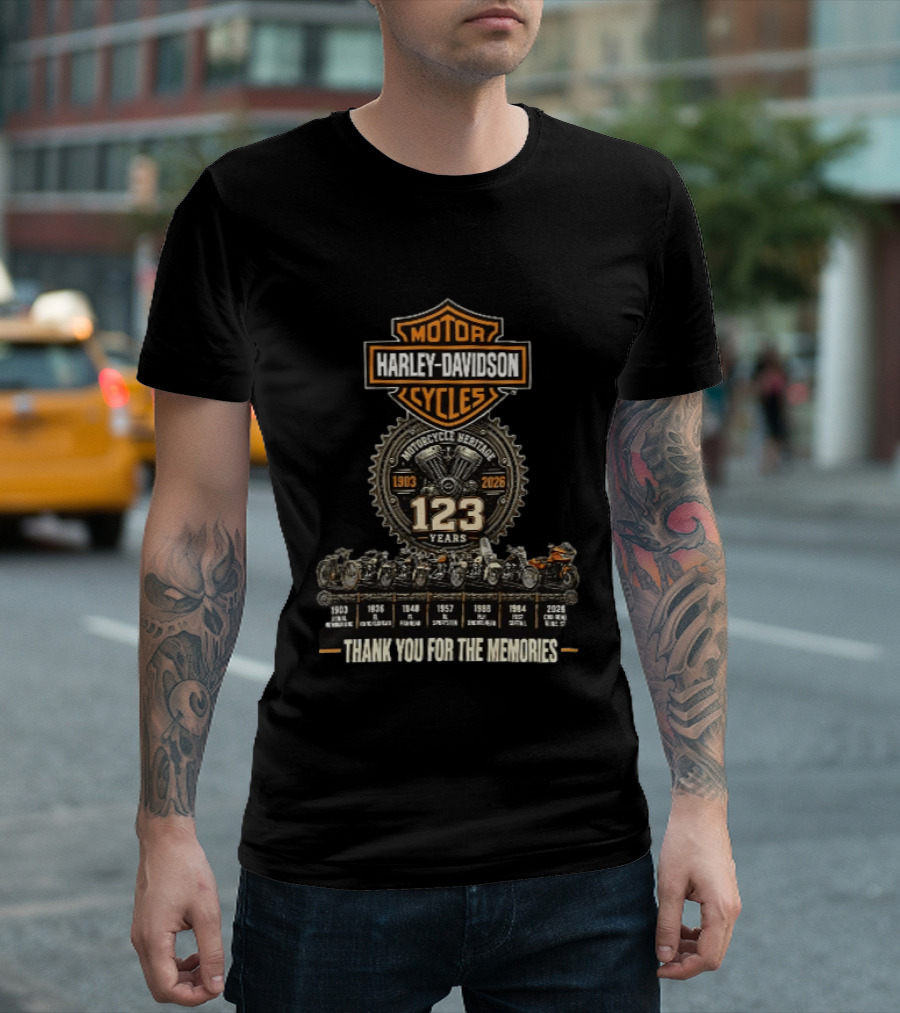 Motorcycle Heritage 123 Years Harley Davidson Thank You For The Memories 1903 2026 T-Shirt