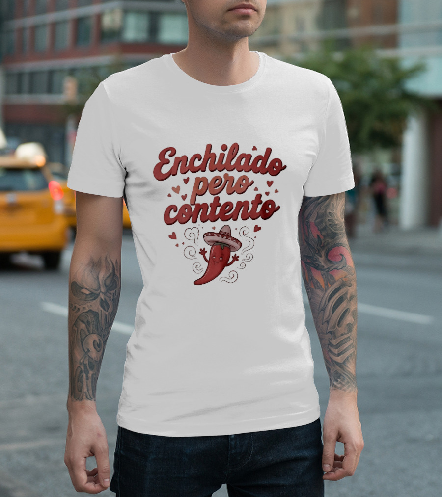 Enchilado Pero Contento Sombrero Chili Pepper Cartoon Hearts T-Shirt