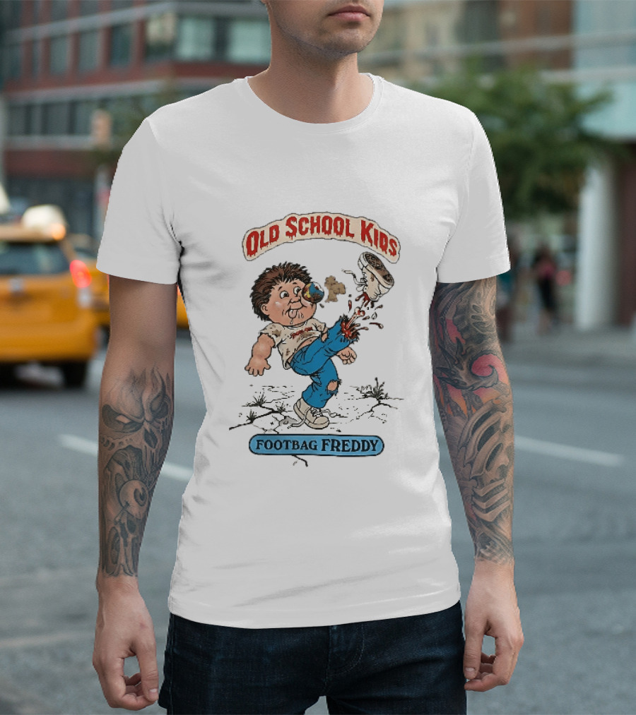 Old School Kids Footbag Freddy Cartoon Caricature Boy Kicking Shoe T-Shirt