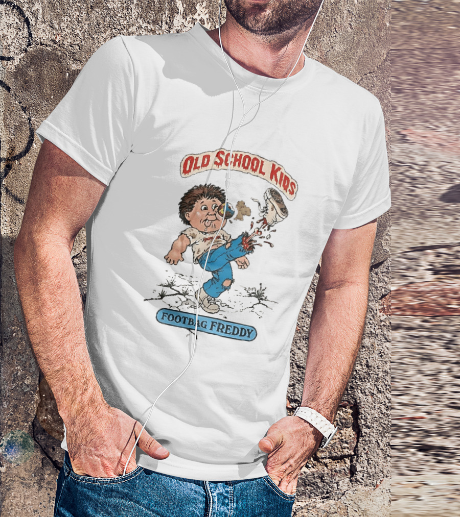 Old School Kids Footbag Freddy Cartoon Caricature Boy Kicking Shoe T-Shirt