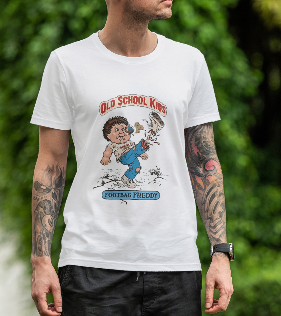 Old School Kids Footbag Freddy Cartoon Caricature Boy Kicking Shoe T-Shirt