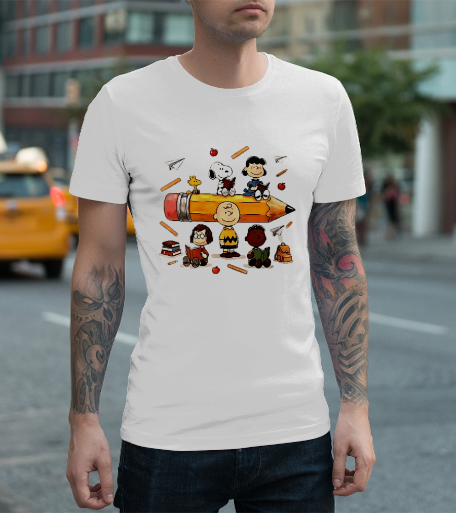 Charlie's Giant Pencil Peanuts Cartoon School Supplies Snoopy Woodstock T-Shirt