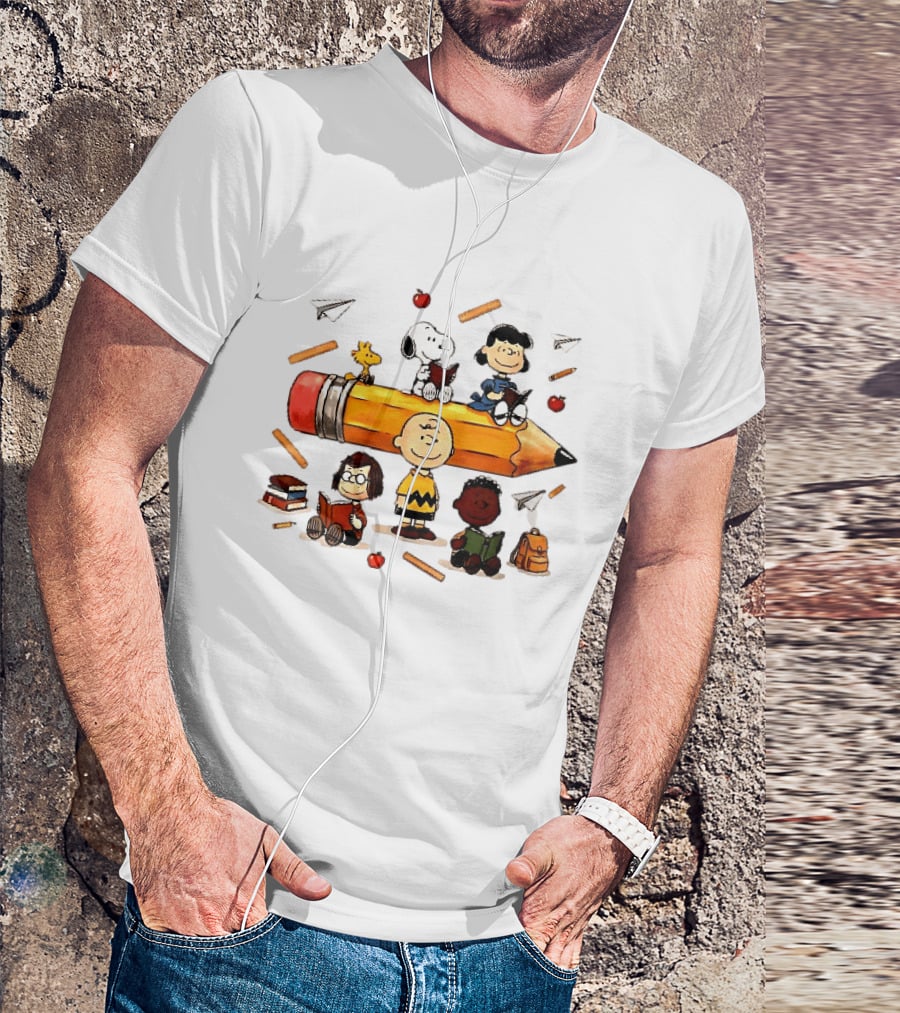Charlie's Giant Pencil Peanuts Cartoon School Supplies Snoopy Woodstock T-Shirt