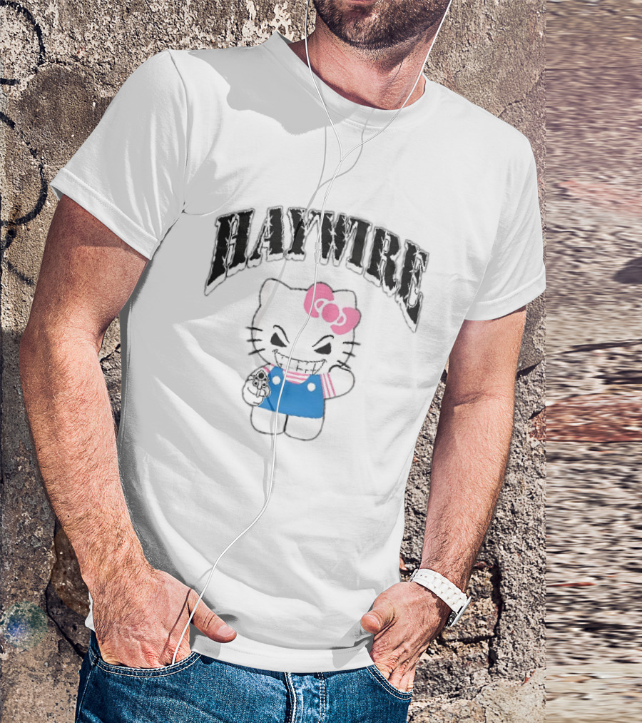 Haywire Hello Kitty Mischievous Grin Pink Bow Blue Overalls T-Shirt