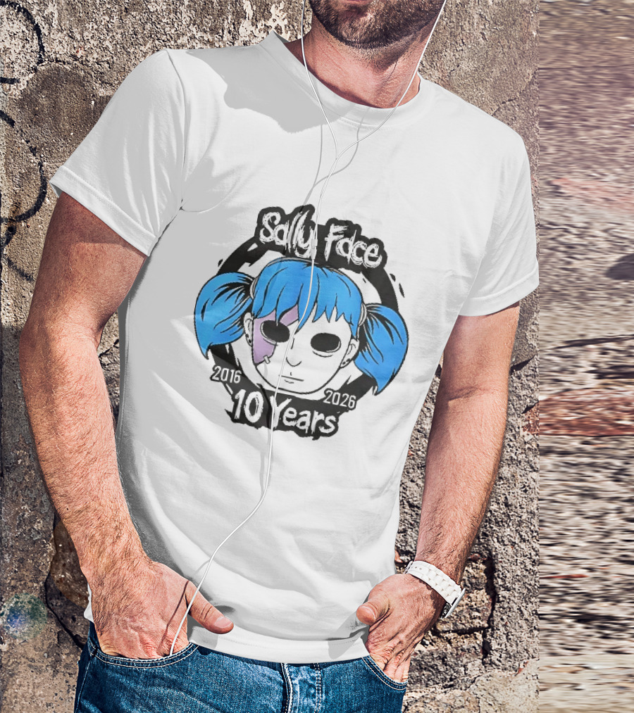 Sally Face 2016 2026 10 Years Cartoon Blue Hair Masked Character Anniversary T-Shirt