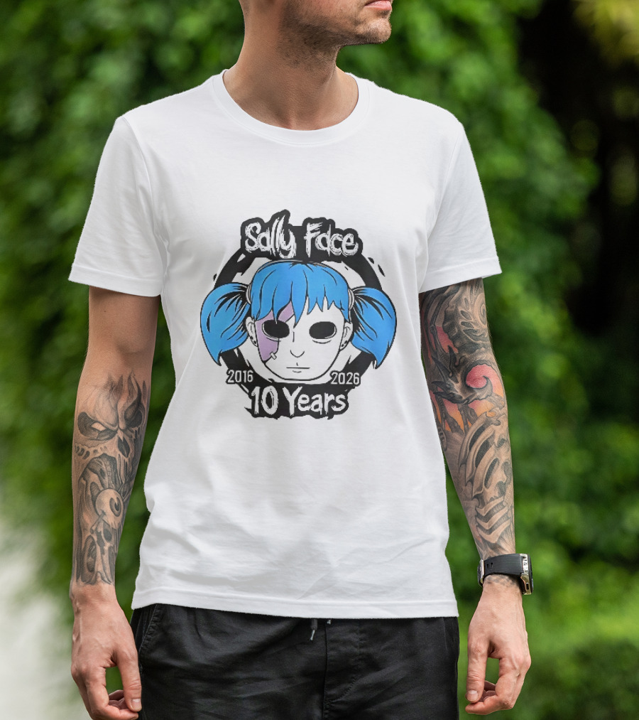Sally Face 2016 2026 10 Years Cartoon Blue Hair Masked Character Anniversary T-Shirt