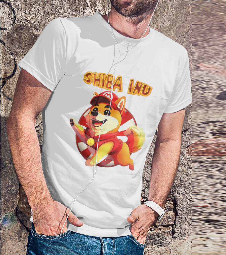 Shiba Inu Cartoon Dog Mario Red Cap Vest Running Striped T-Shirt