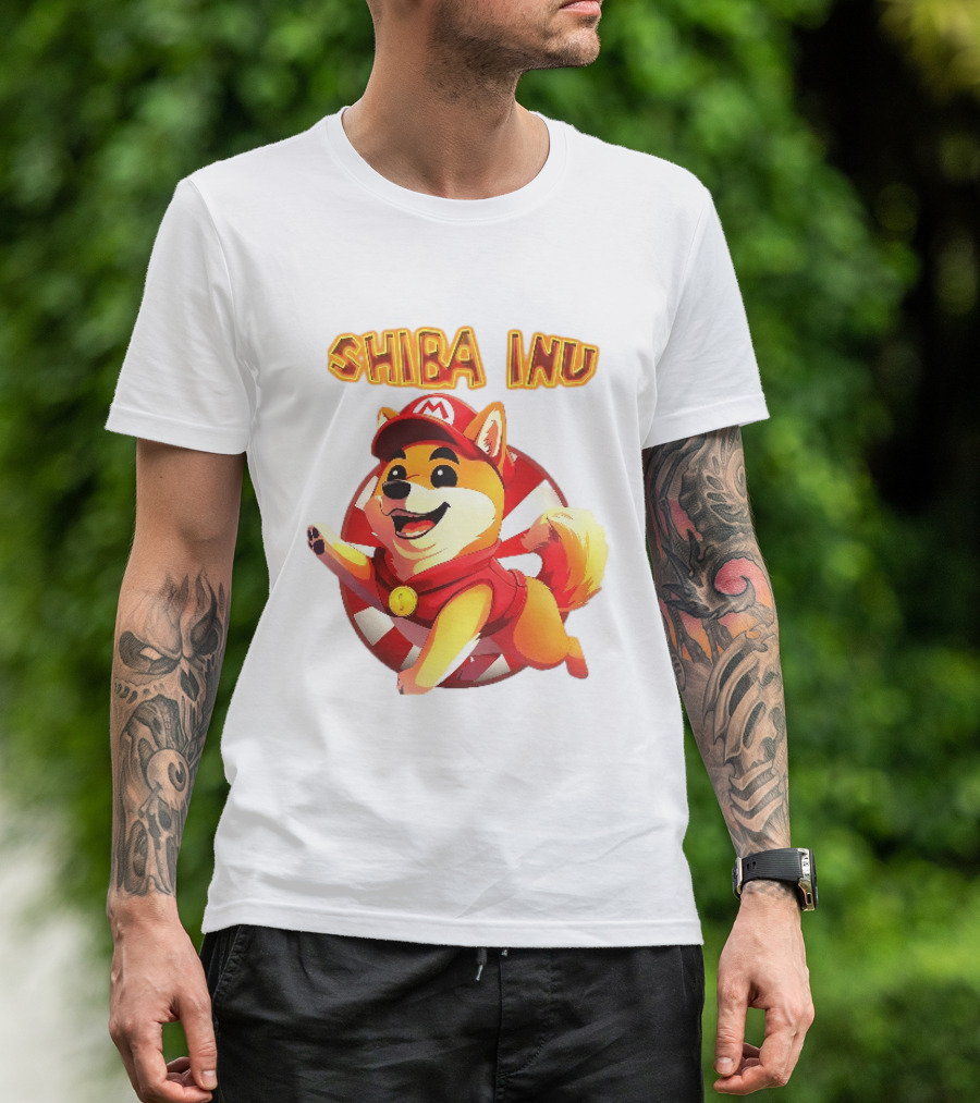Shiba Inu Cartoon Dog Mario Red Cap Vest Running Striped T-Shirt