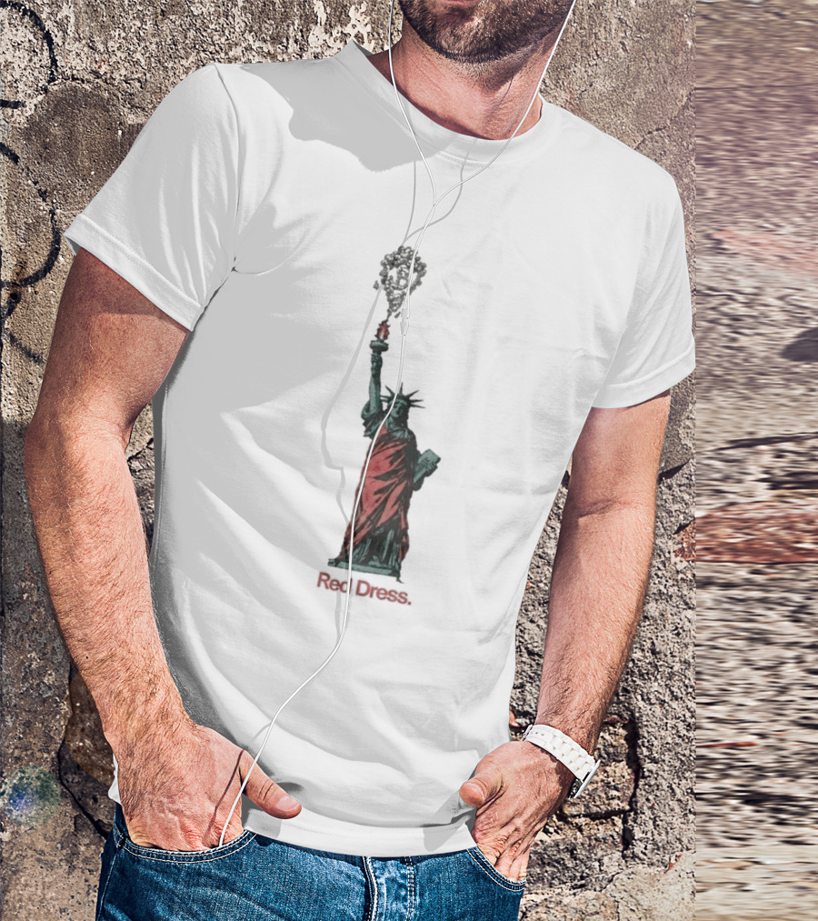Statue Of Liberty Red Dress Unique Twist On Iconic Monument T-Shirt