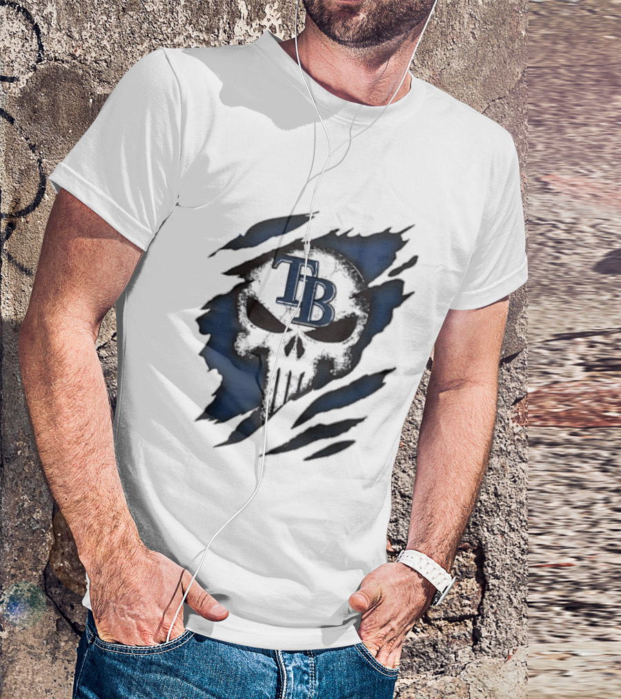 Tampa Bay Rays TB Punisher Skull Ripped Effect T-Shirt