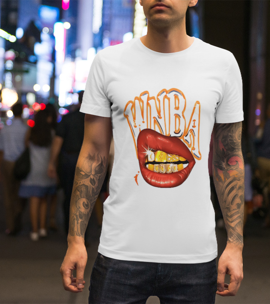 WNBA Red Lips Gold Teeth Grillz Glowing Chrome Lettering T-Shirt