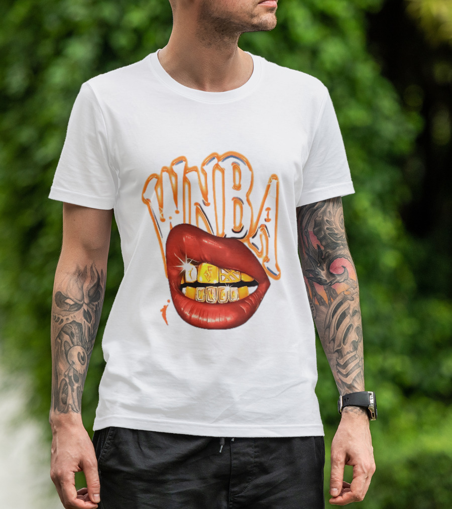 WNBA Red Lips Gold Teeth Grillz Glowing Chrome Lettering T-Shirt