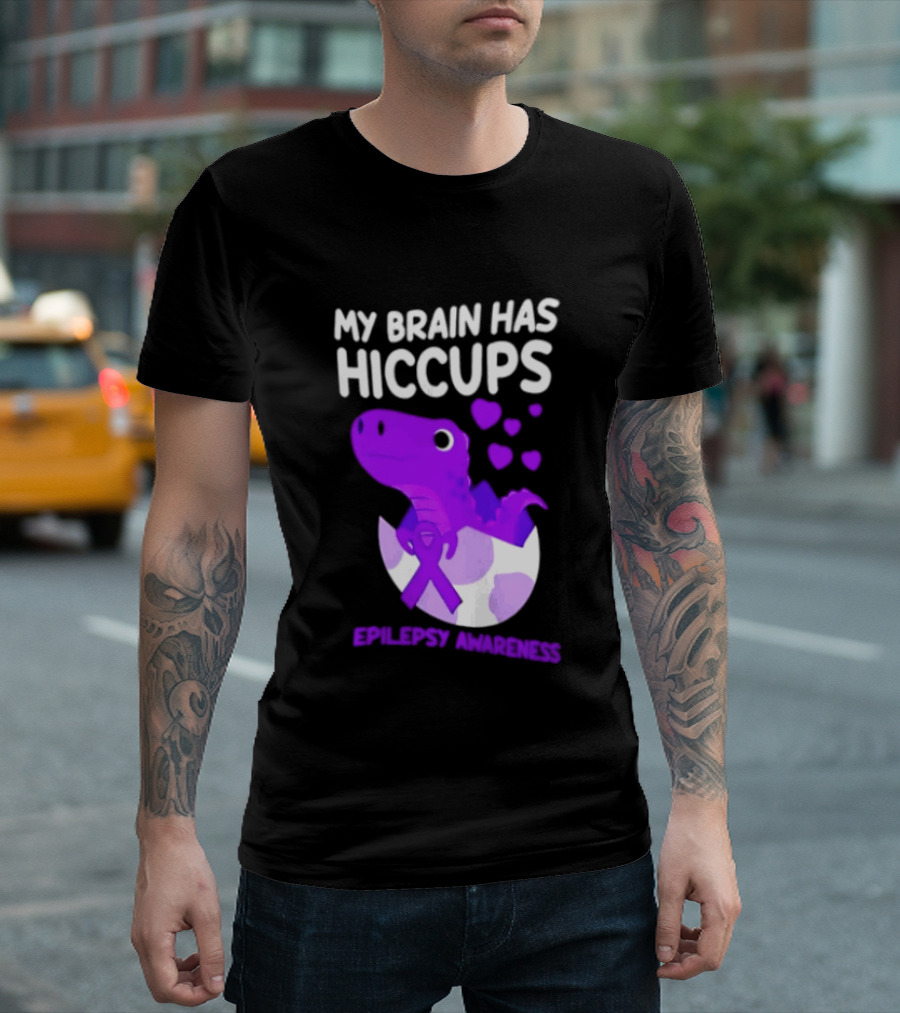 My Brain Has Hiccups Epilepsy Awareness Dinosaur Purple Ribbon Eggshell Hearts T-Shirt