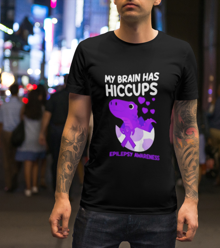 My Brain Has Hiccups Epilepsy Awareness Dinosaur Purple Ribbon Eggshell Hearts T-Shirt