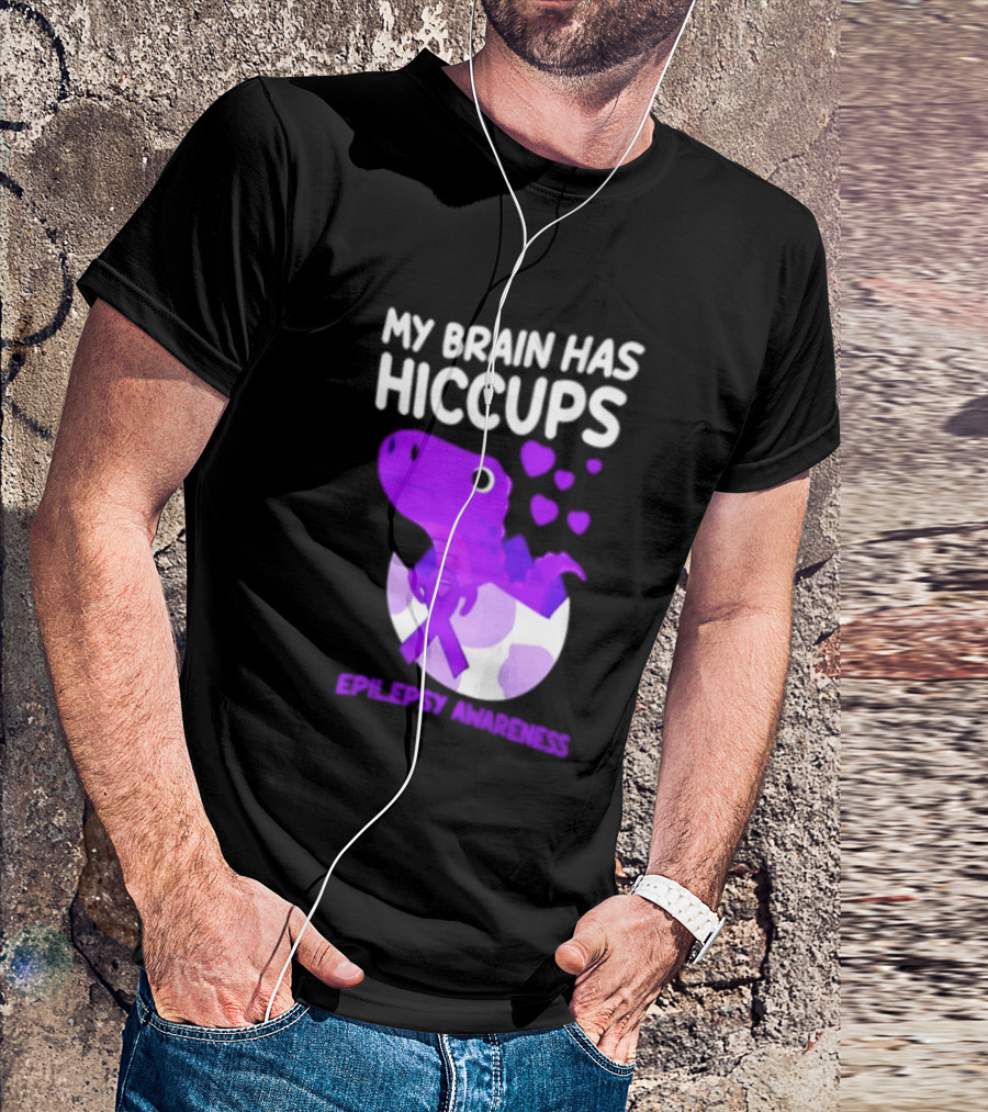 My Brain Has Hiccups Epilepsy Awareness Dinosaur Purple Ribbon Eggshell Hearts T-Shirt