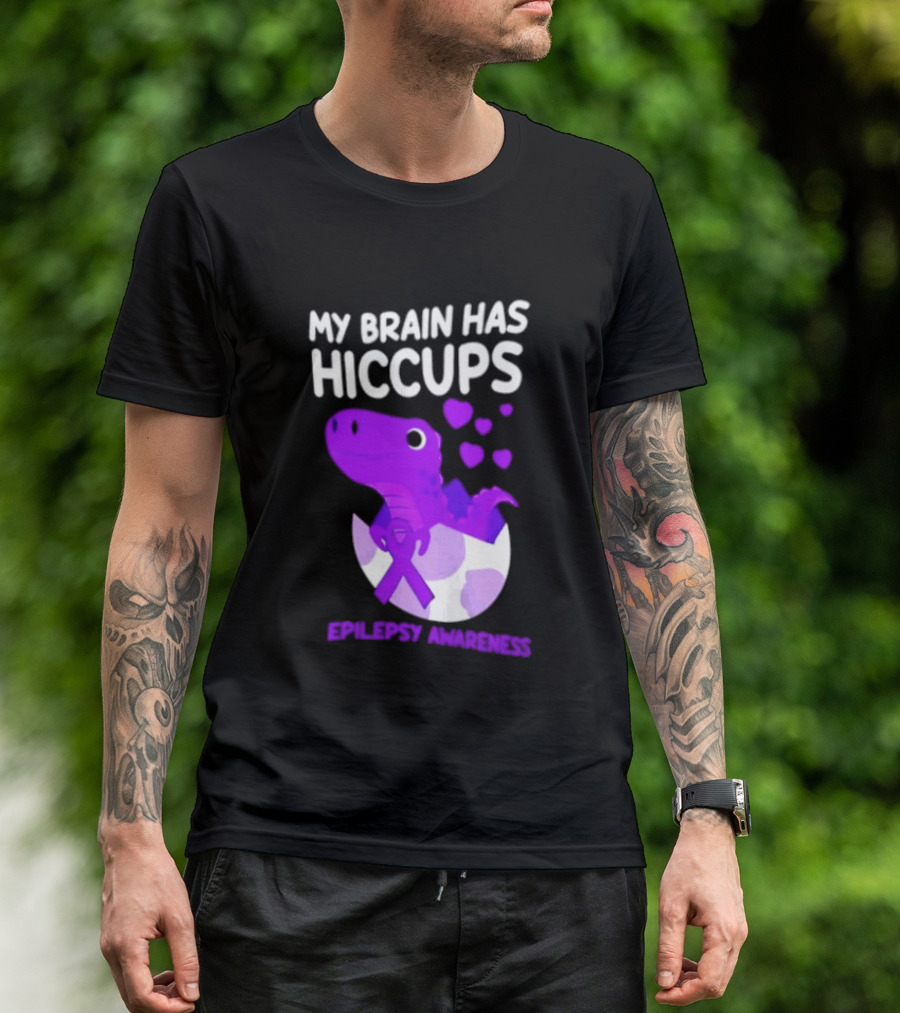 My Brain Has Hiccups Epilepsy Awareness Dinosaur Purple Ribbon Eggshell Hearts T-Shirt