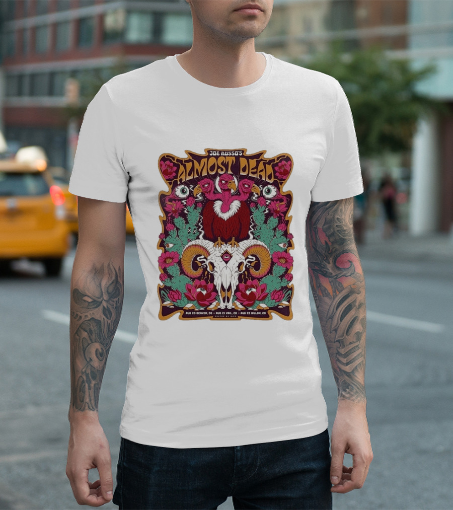Joe Russo's Almost Dead Tour 2026 August 20 Denver August 21 Vail August 22 Dillon Vibrant Skull And Vulture Art Floral T-Shirt