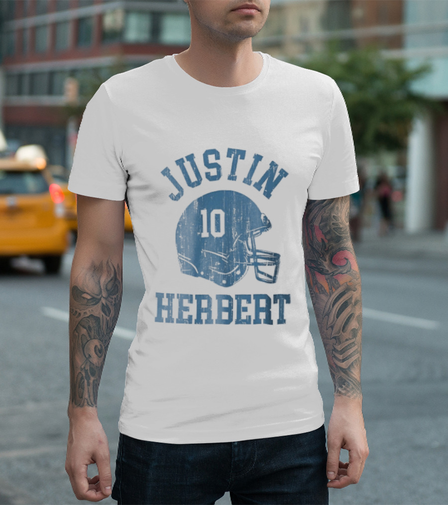 Justin Herbert Distressed Light Blue Football Helmet Number 10 T-Shirt