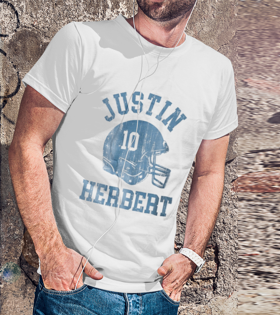 Justin Herbert Distressed Light Blue Football Helmet Number 10 T-Shirt