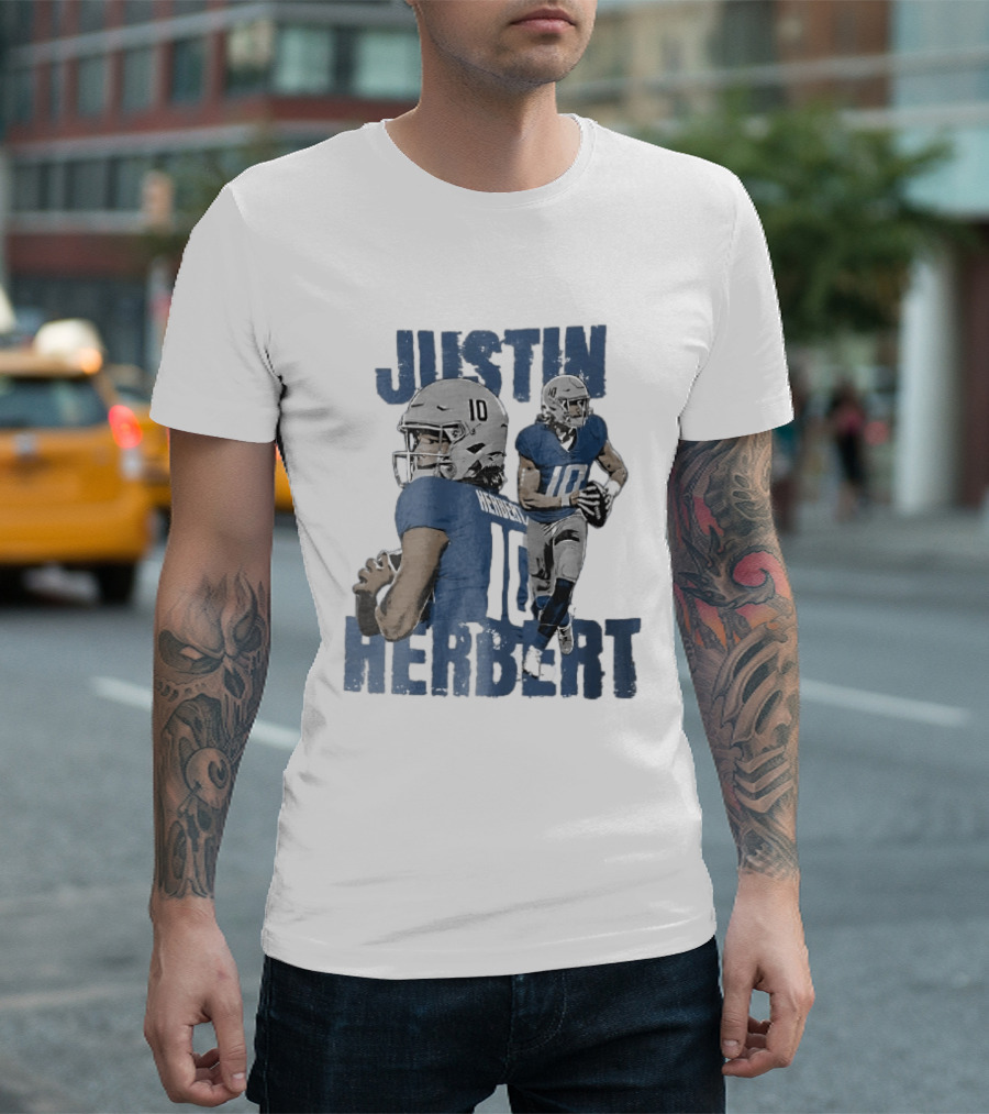 Justin Herbert Quarterback Action Photo Collage Blue Distressed T-Shirt