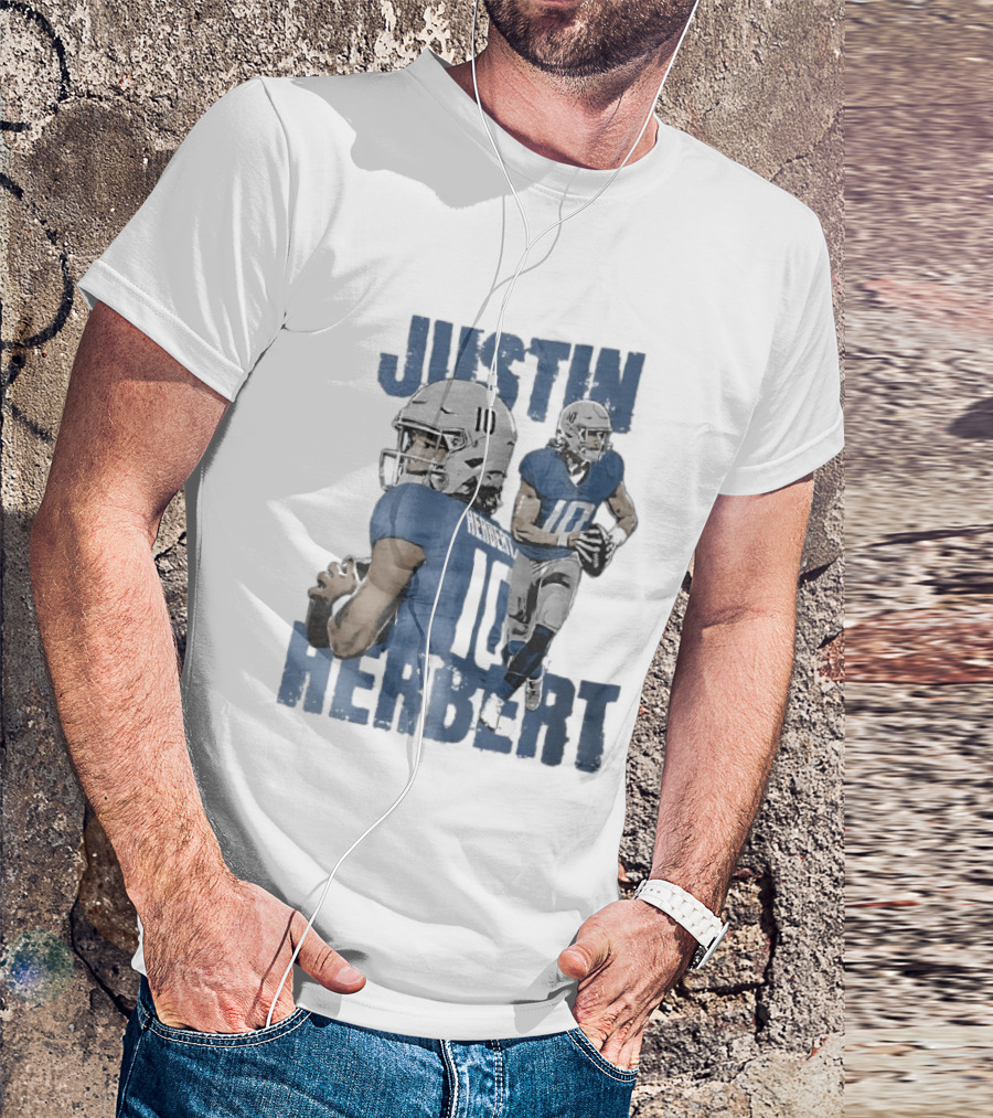 Justin Herbert Quarterback Action Photo Collage Blue Distressed T-Shirt