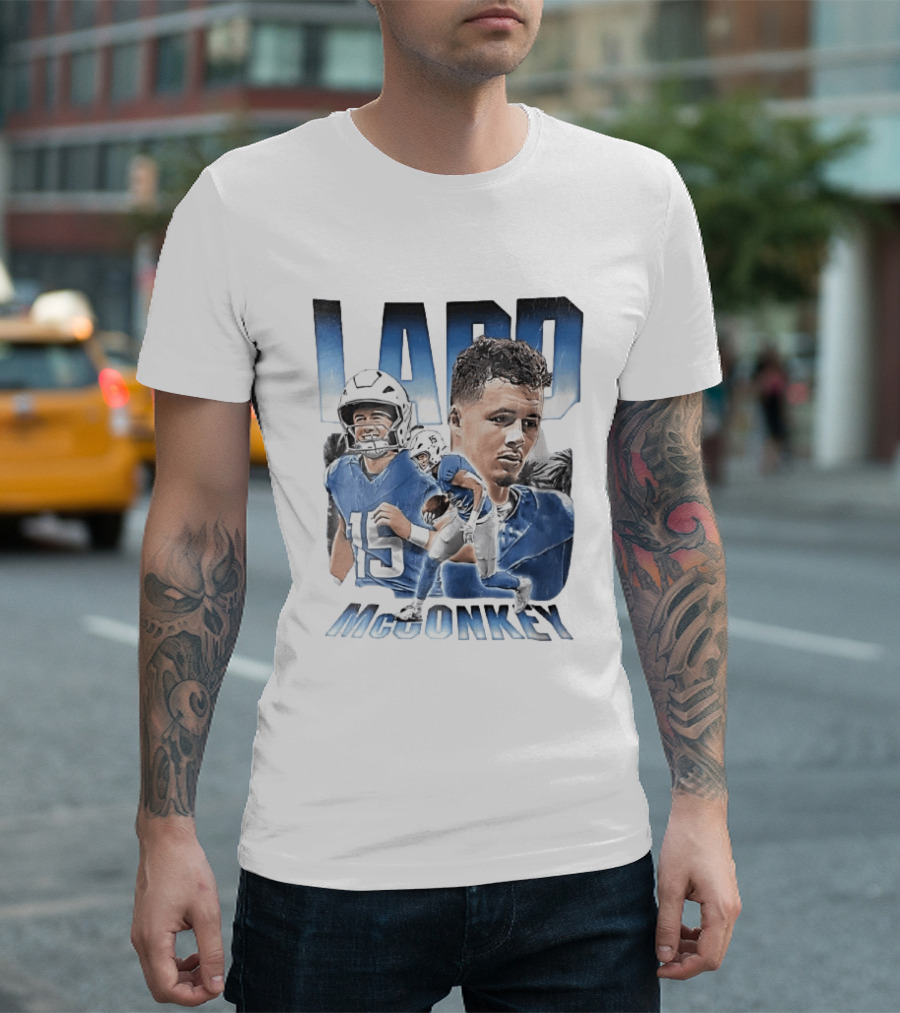 Ladd McConkey Number 15 Football Player Blue Jersey Collage T-Shirt