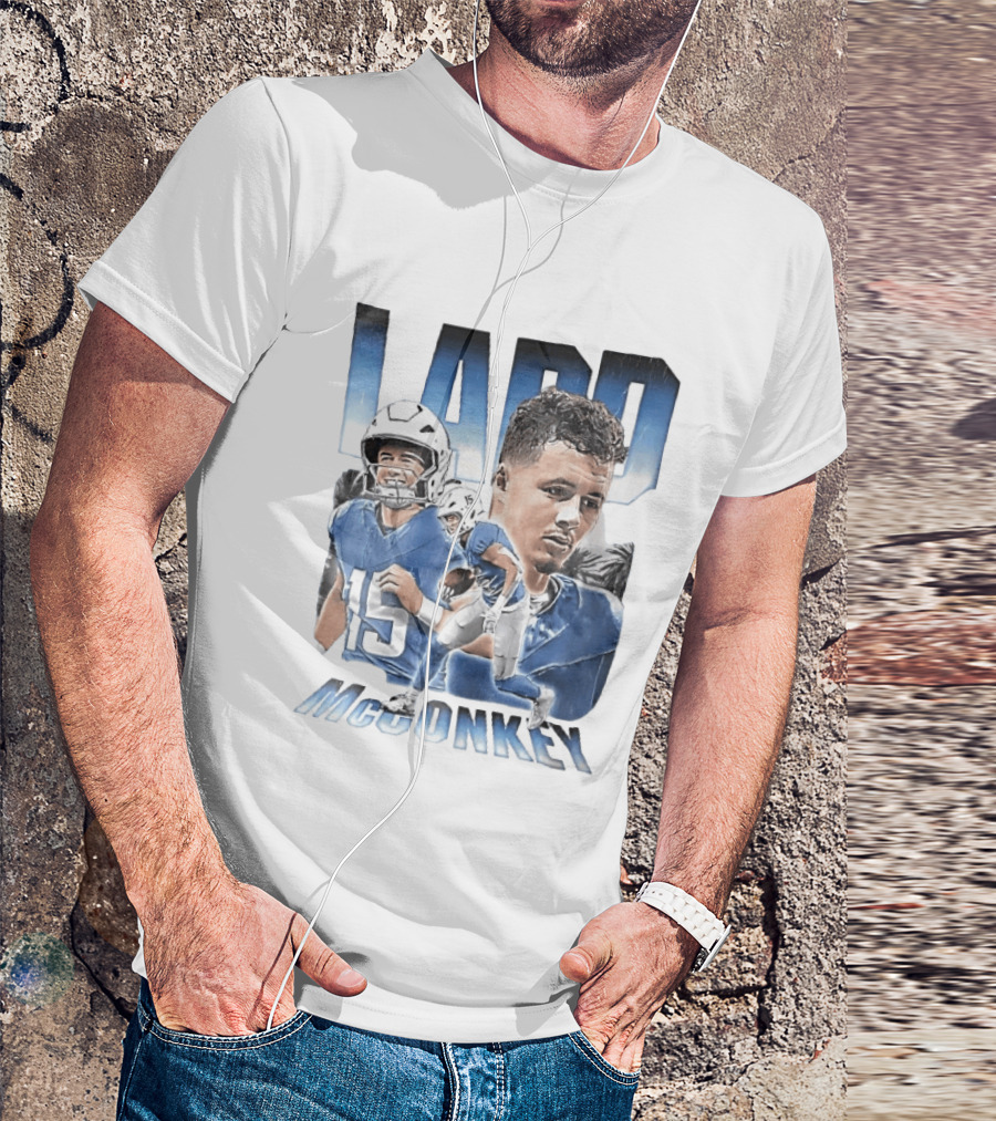 Ladd McConkey Number 15 Football Player Blue Jersey Collage T-Shirt