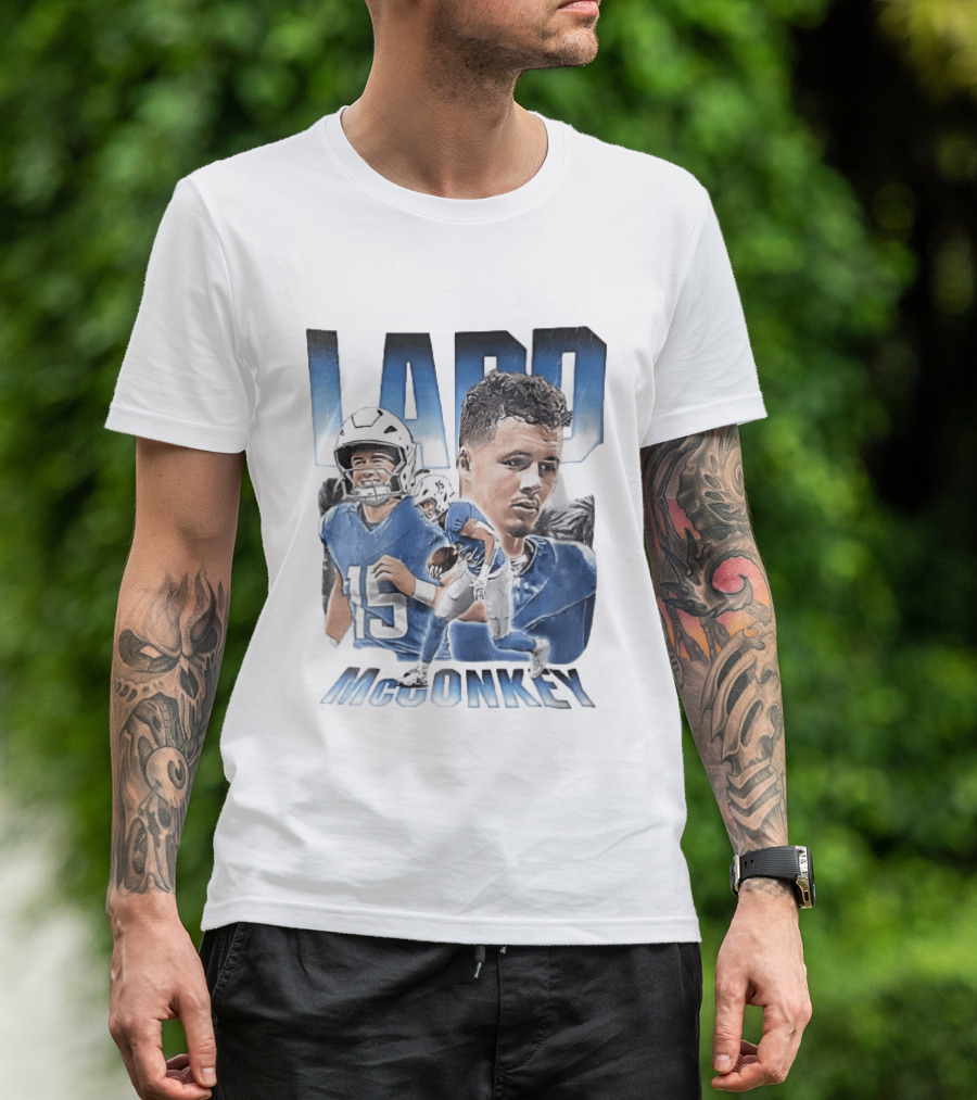 Ladd McConkey Number 15 Football Player Blue Jersey Collage T-Shirt
