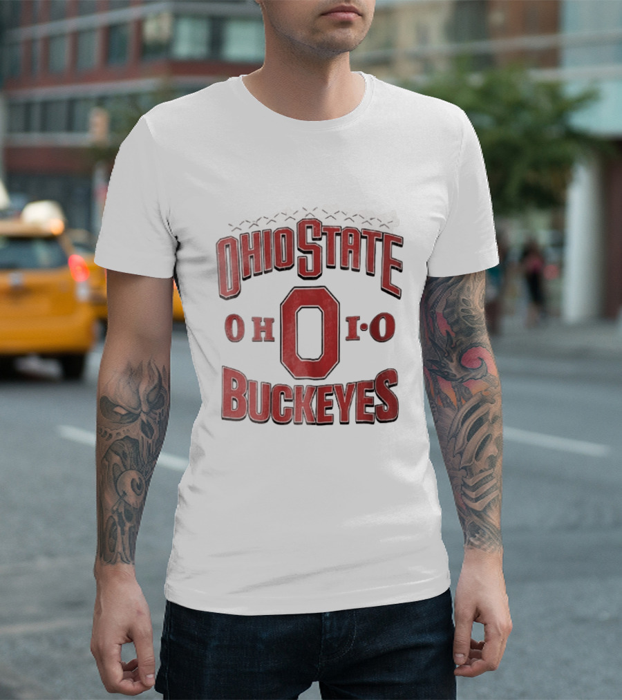 Ohio State Buckeyes NCAA Ohio Block Letter Red Football Laces Arch T-Shirt