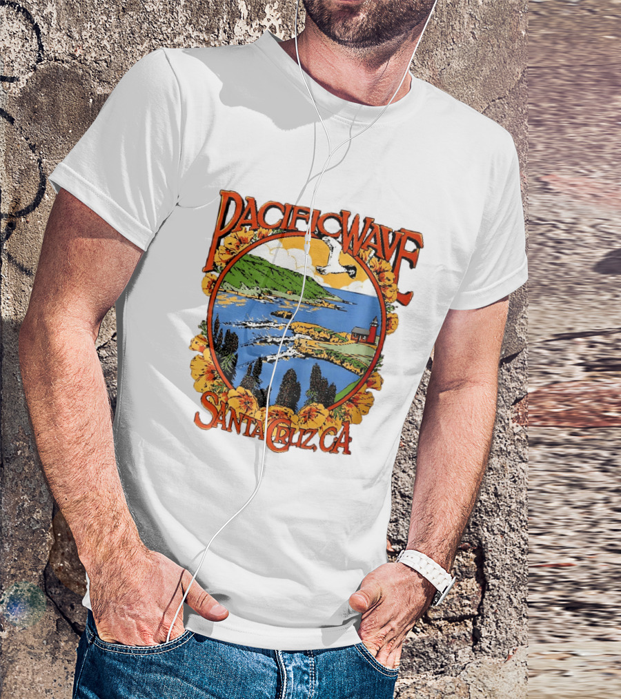 Pacific Wave Santa Cruz CA Coastal Lighthouse Ocean Seagull Flowers Scenic T-Shirt