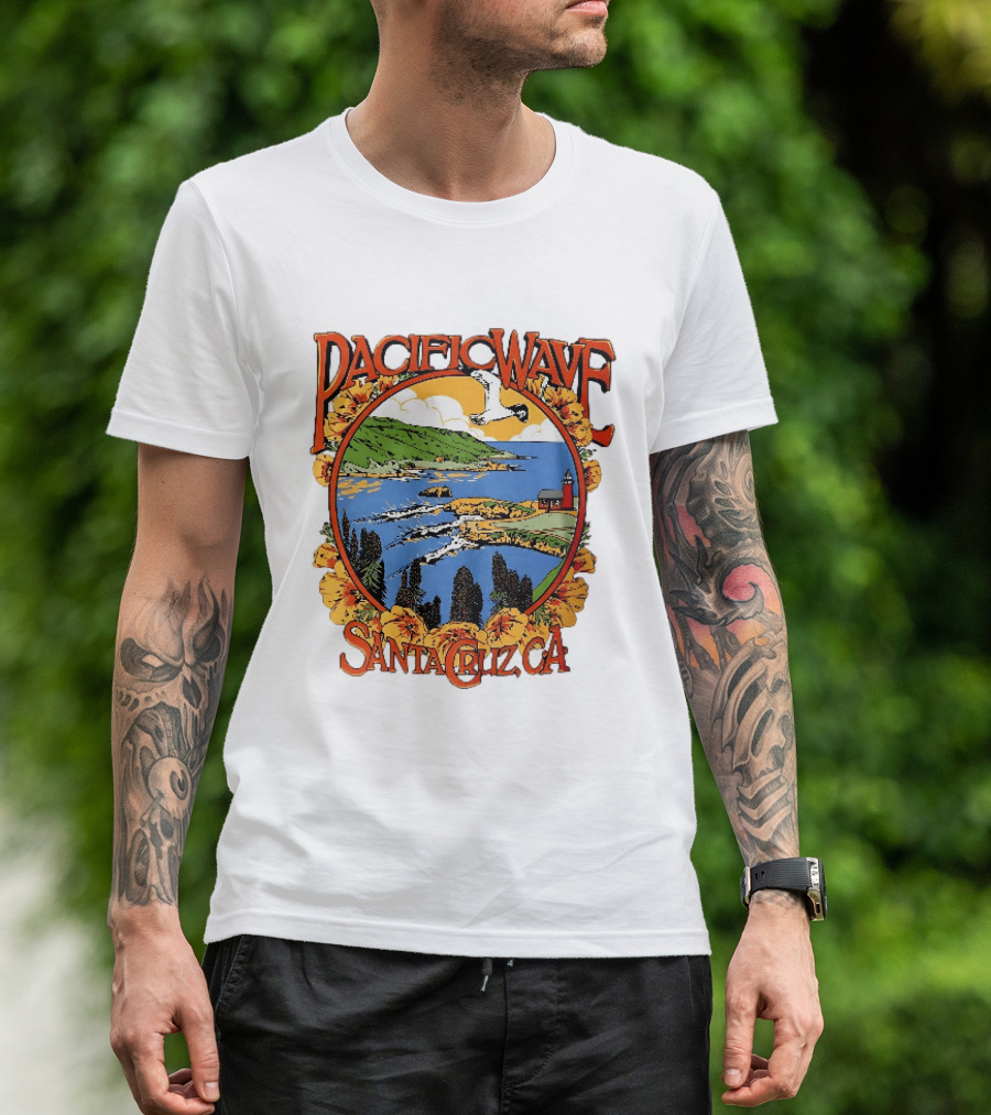 Pacific Wave Santa Cruz CA Coastal Lighthouse Ocean Seagull Flowers Scenic T-Shirt