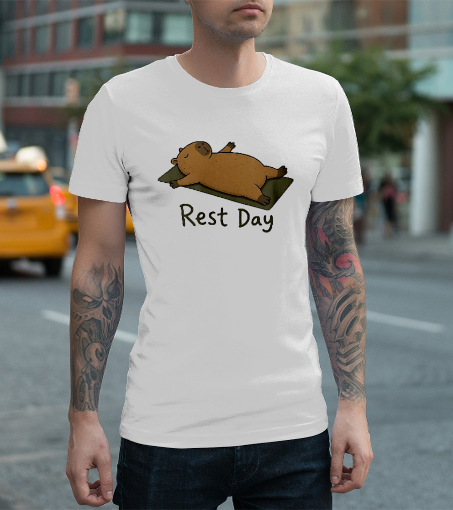 Rest Day Capybara Relaxing On Yoga Mat Cartoon T-Shirt