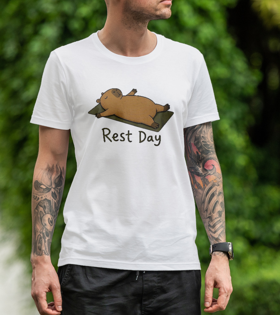 Rest Day Capybara Relaxing On Yoga Mat Cartoon T-Shirt