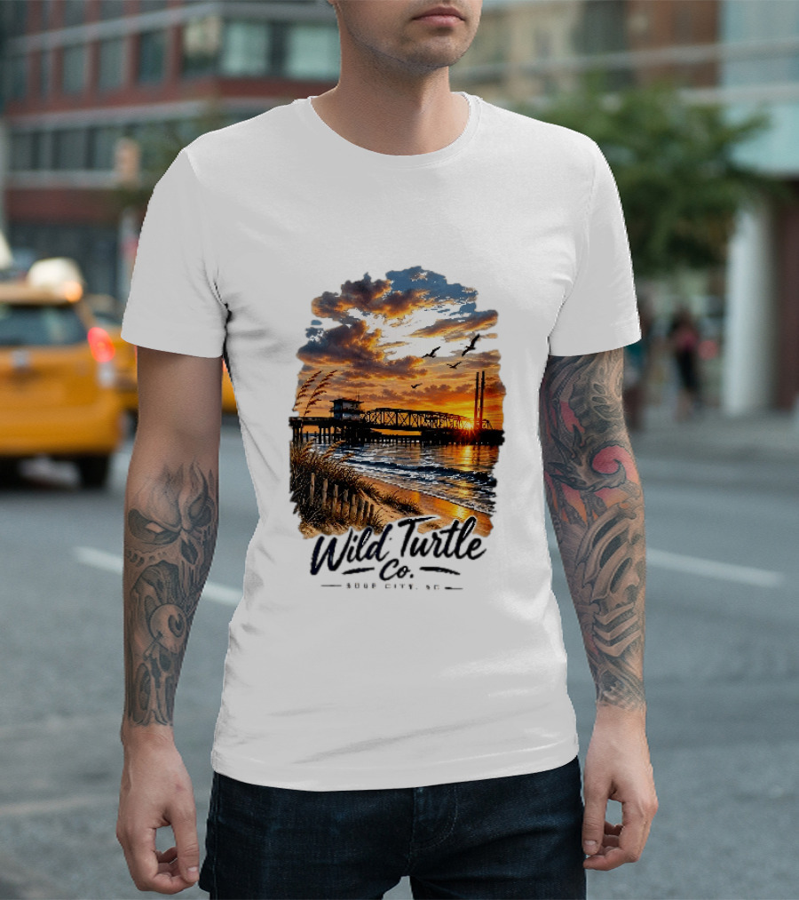 Wild Turtle Co Surf City NC Beach Dunes Pier Sunset Flying Birds T-Shirt