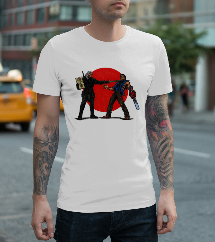 Geralt Vs Ash Evil Dead Or Alive Red Circle Showdown T-Shirt