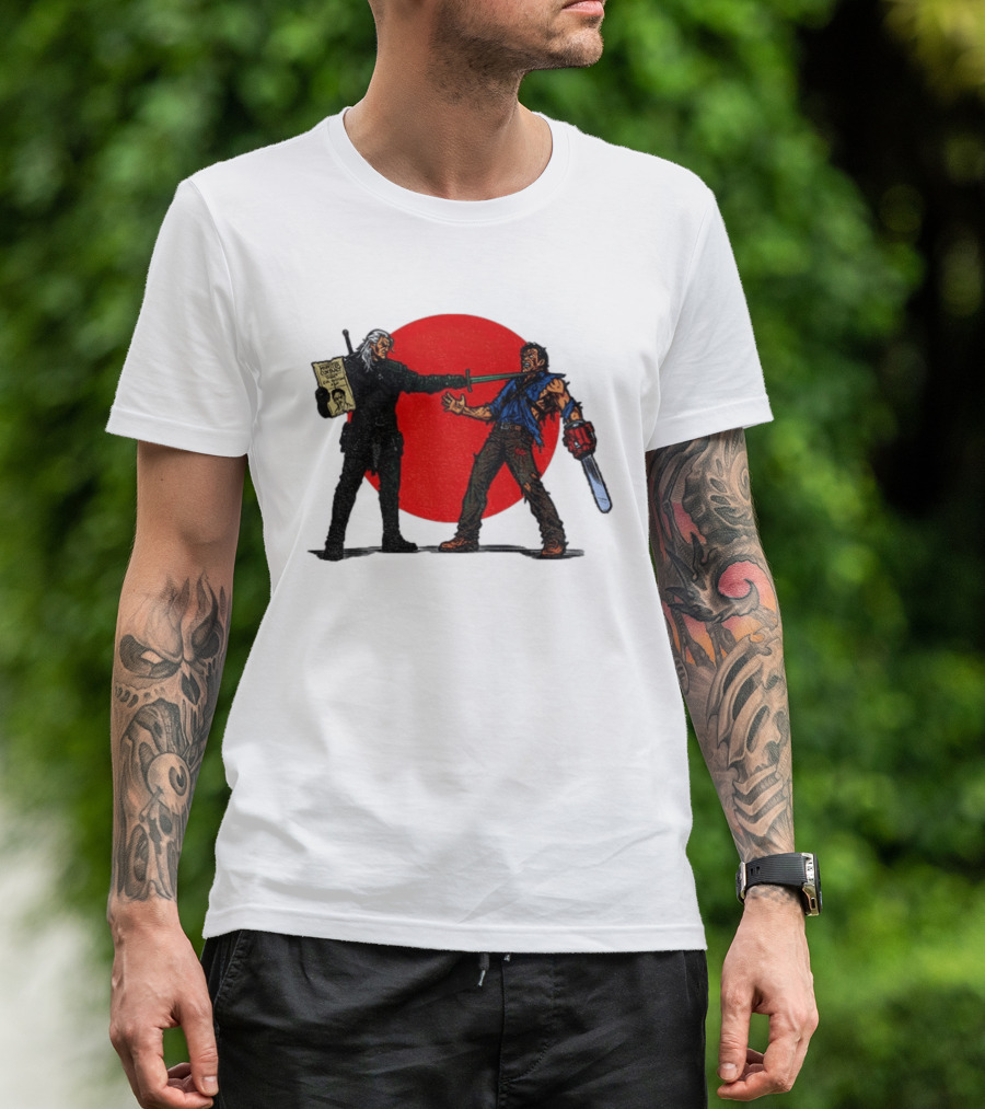 Geralt Vs Ash Evil Dead Or Alive Red Circle Showdown T-Shirt