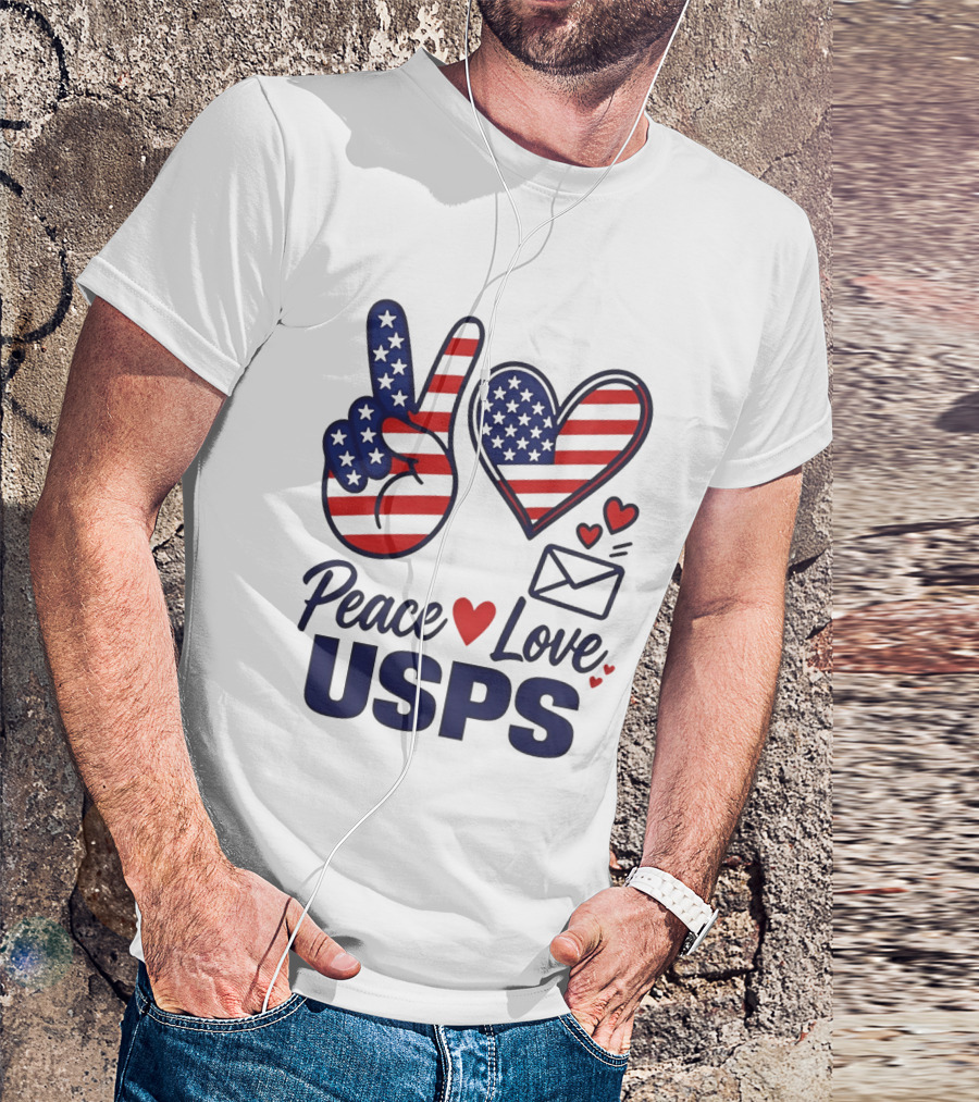 Peace Love USPS American Flag Heart And Mail T-Shirt