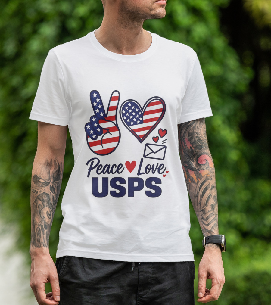 Peace Love USPS American Flag Heart And Mail T-Shirt