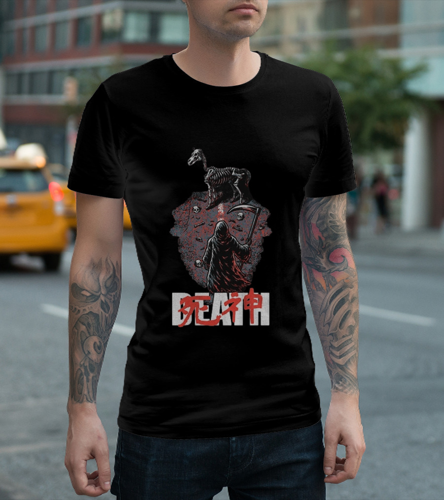 Grim Reaper Death Rider Japanese Kanji Skulls Scythe T-Shirt