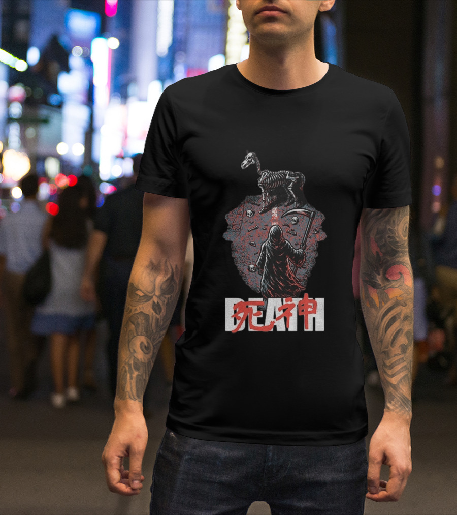 Grim Reaper Death Rider Japanese Kanji Skulls Scythe T-Shirt