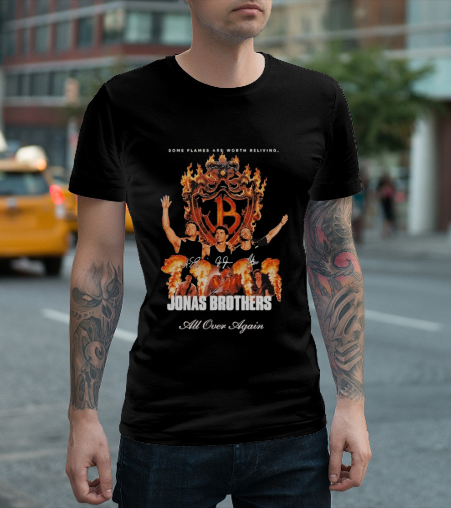 Jonas Brothers Some Flames Are Worth Beliving Tour Flame Signatures All Over Again T-Shirt