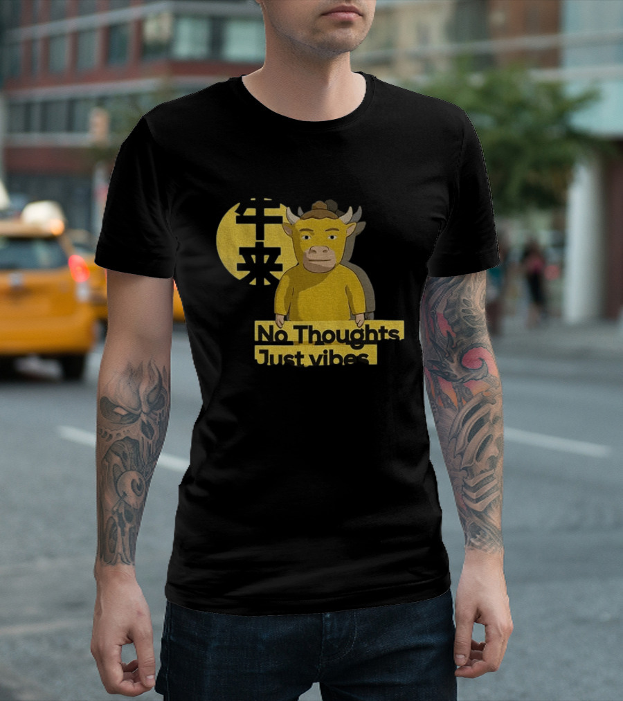 Niu Lai No Thoughts Just Vibes Yellow Cow Humor T-Shirt